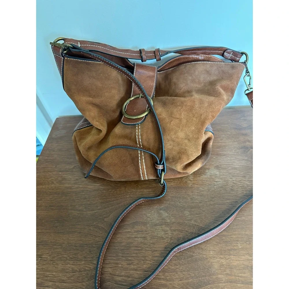 Coco + Carmen Brown Suede Leather Hobo Crossbody Bag Brass Ring Accent